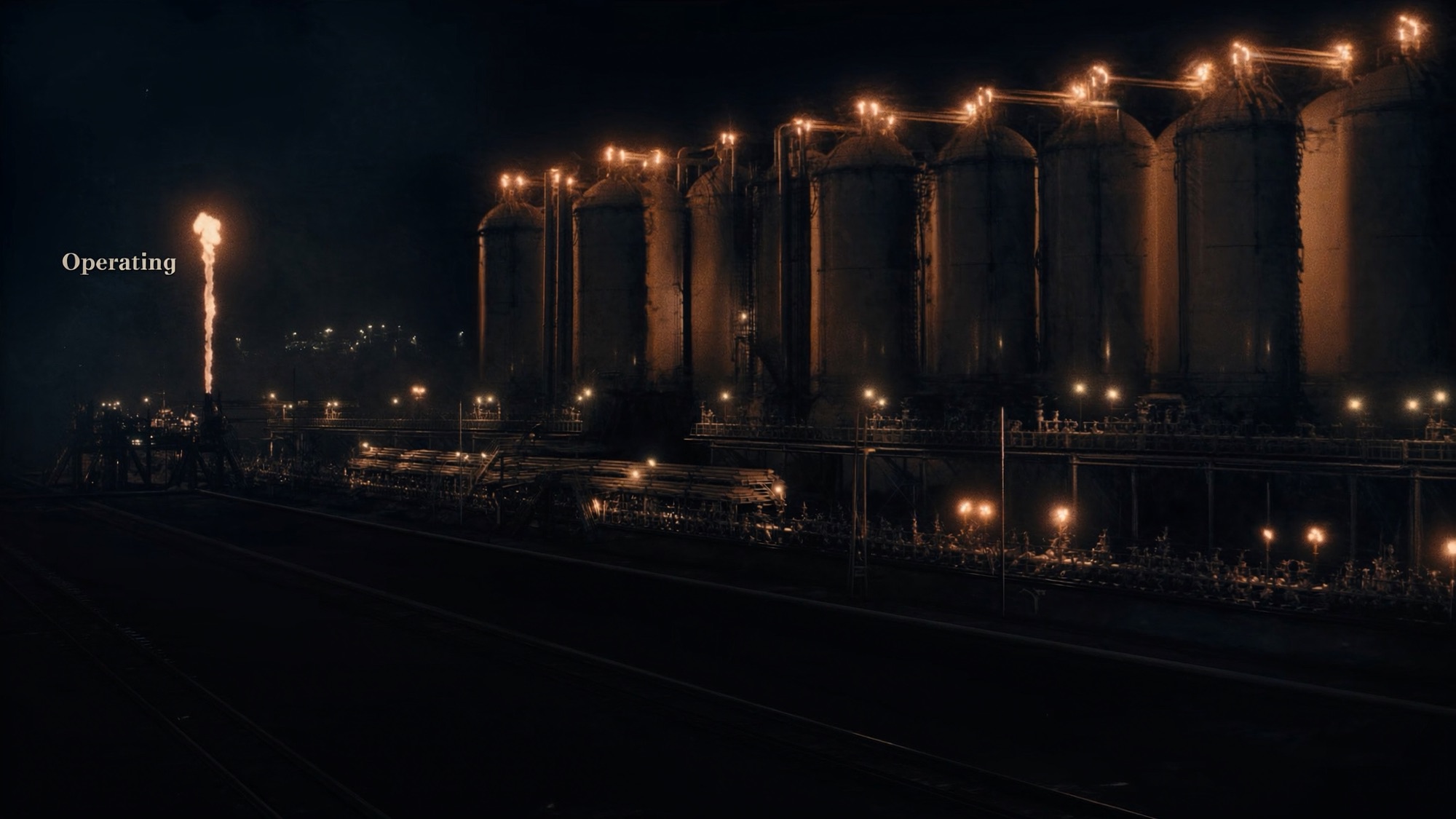 Energy export terminal and storage tanks at dusk
